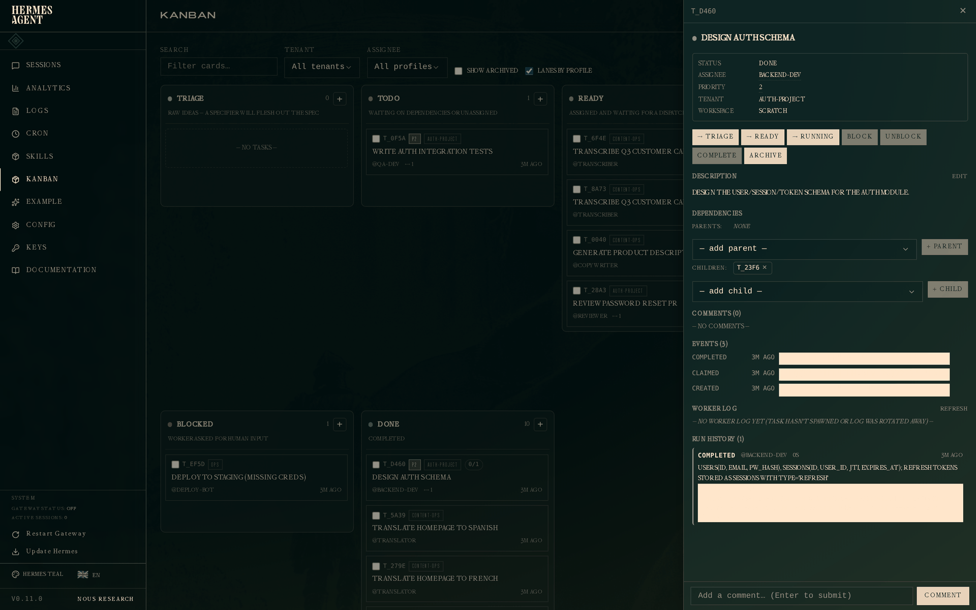 Dev solo — gaveta da tarefa de esquema concluída