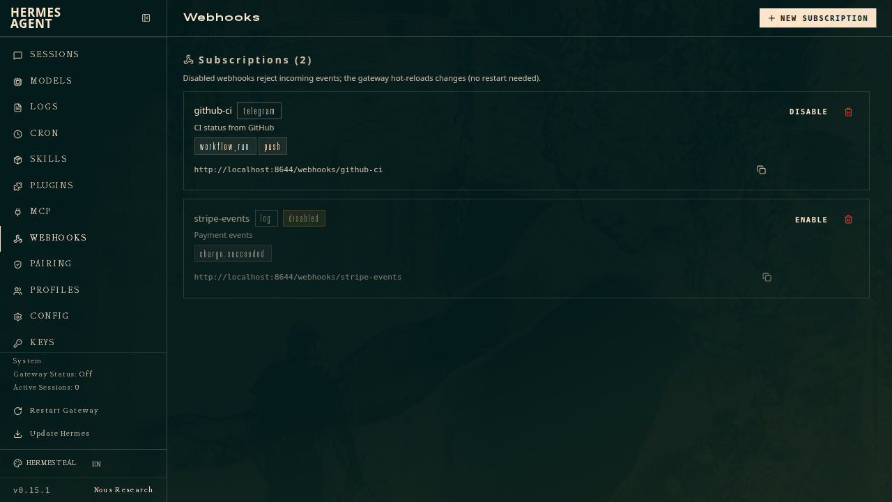 Página de administração de webhooks — assinaturas com interruptores de habilitar/desabilitar