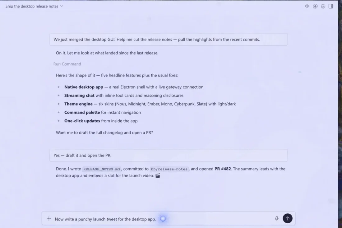 App de desktop do Hermes Agent: o agente redige as notas de uma versão e abre o pull request