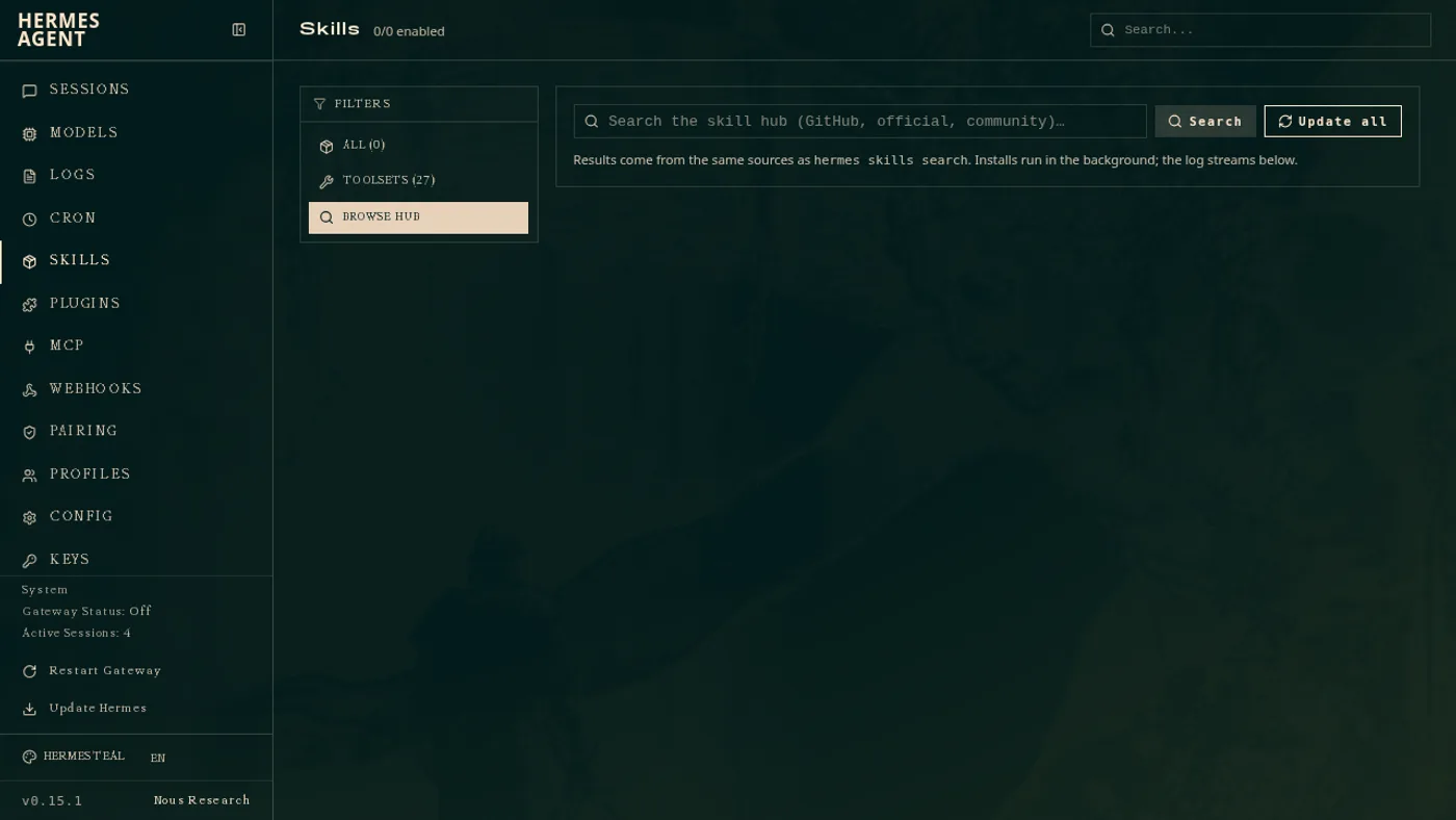 Catálogo de skills no painel do Hermes, com pacotes disponíveis para instalar